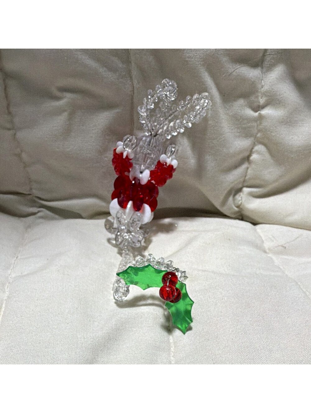 Clear/Red/White Christmas Rabbit Hanging Ornament, Beaded Plastic, Holly, 1